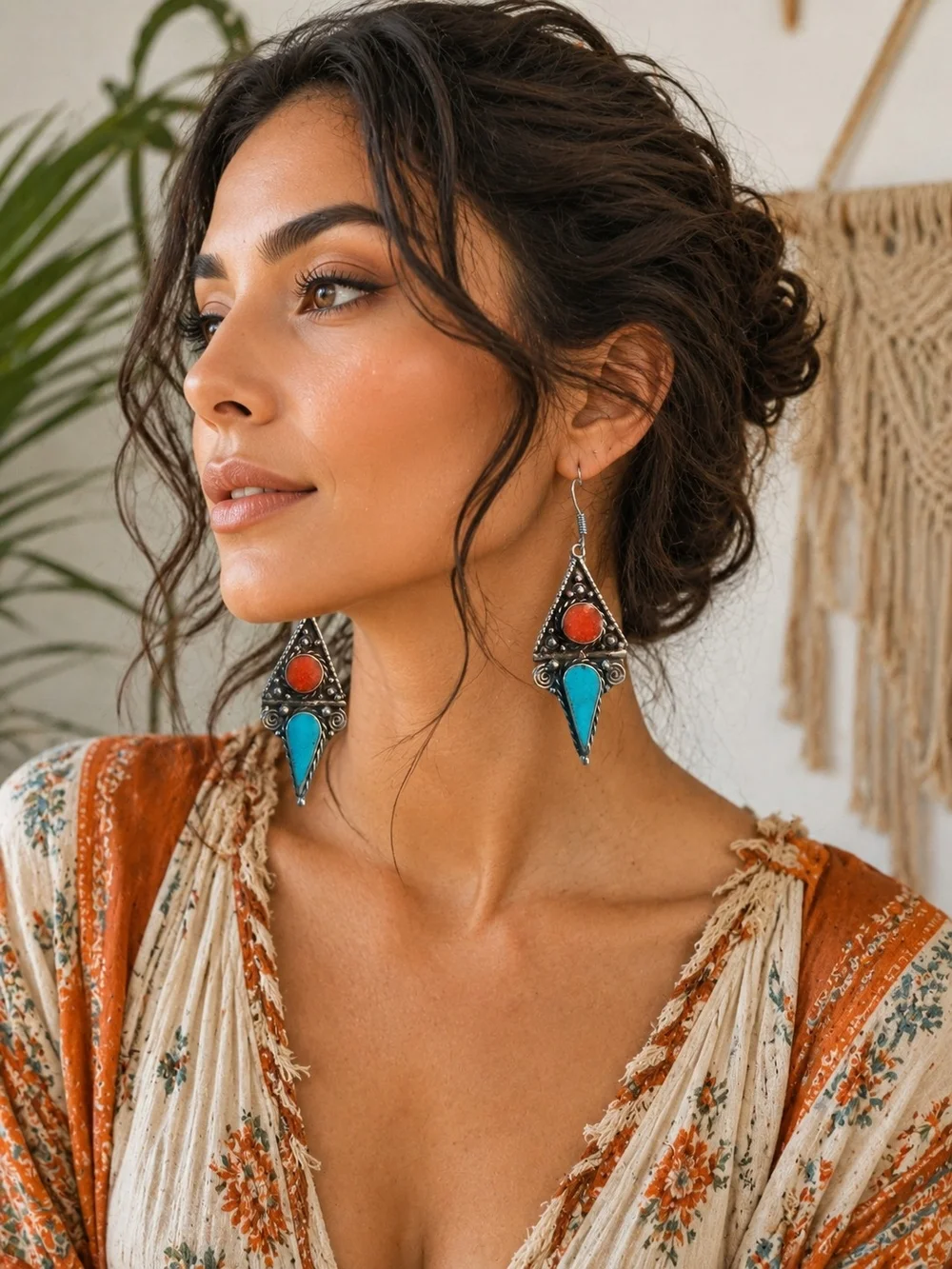 Silver 925 Turquoise & Coral Tribal Drop Earrings